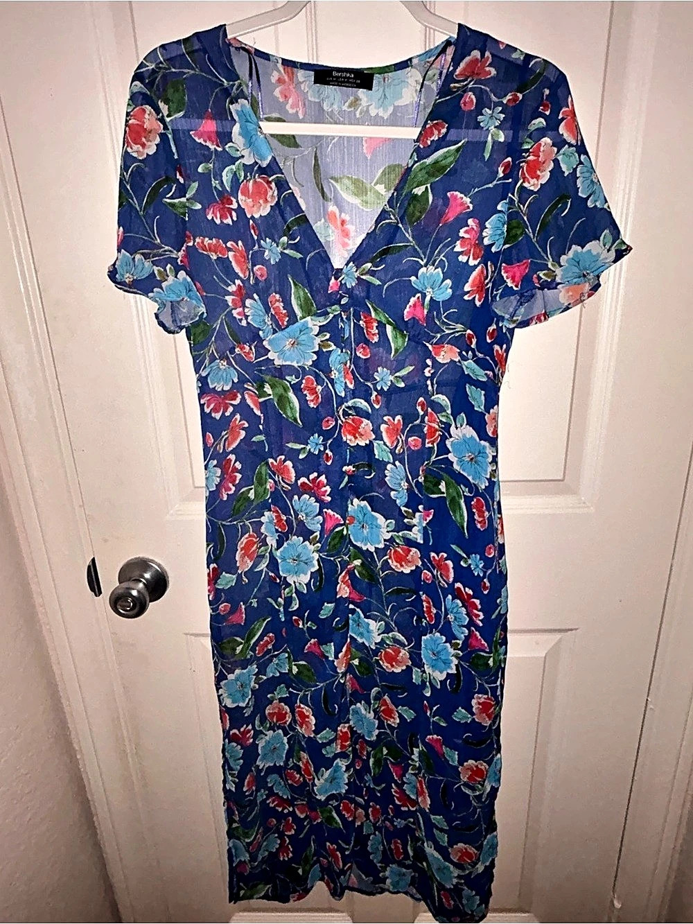 Bershka Floral Midi Dress in Blue & Red Size Medium